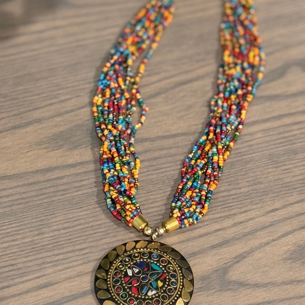 Multicolor Beaded Necklace with Gold Pendant